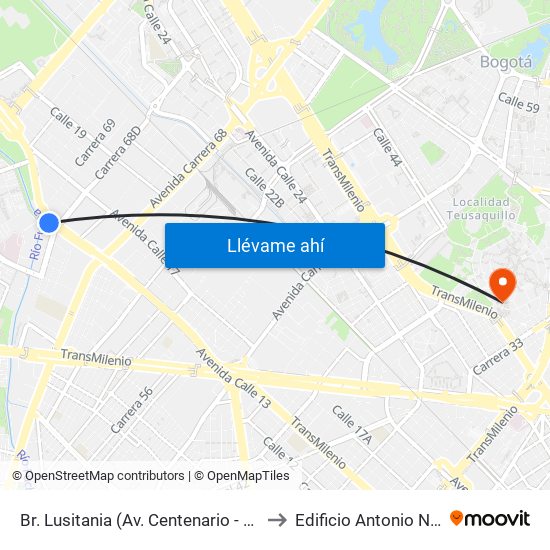 Br. Lusitania (Av. Centenario - Ak 68d) to Edificio Antonio Nariño map