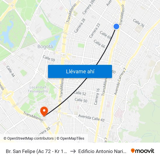 Br. San Felipe (Ac 72 - Kr 17) to Edificio Antonio Nariño map