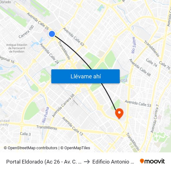 Portal Eldorado (Ac 26 - Av. C. De Cali) to Edificio Antonio Nariño map