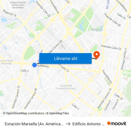 Estación Marsella (Av. Américas - Kr 69b) to Edificio Antonio Nariño map