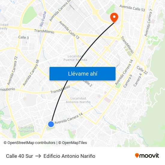 Calle 40 Sur to Edificio Antonio Nariño map