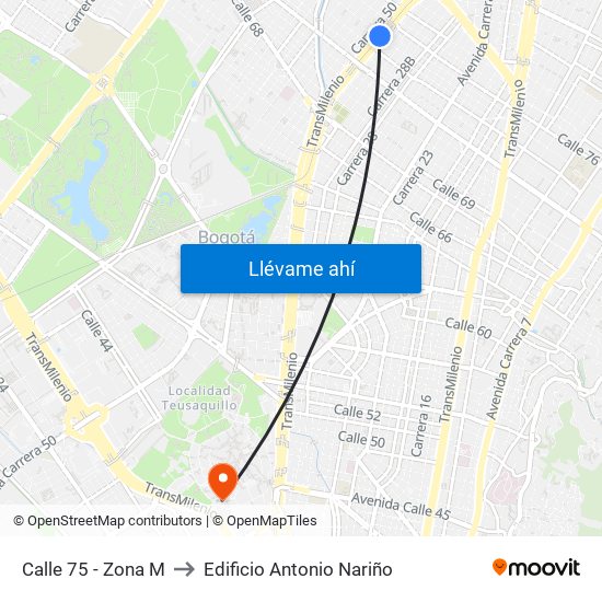 Calle 75 - Zona M to Edificio Antonio Nariño map
