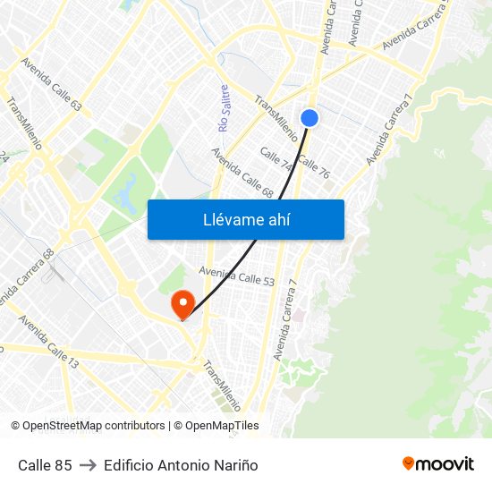 Calle 85 to Edificio Antonio Nariño map