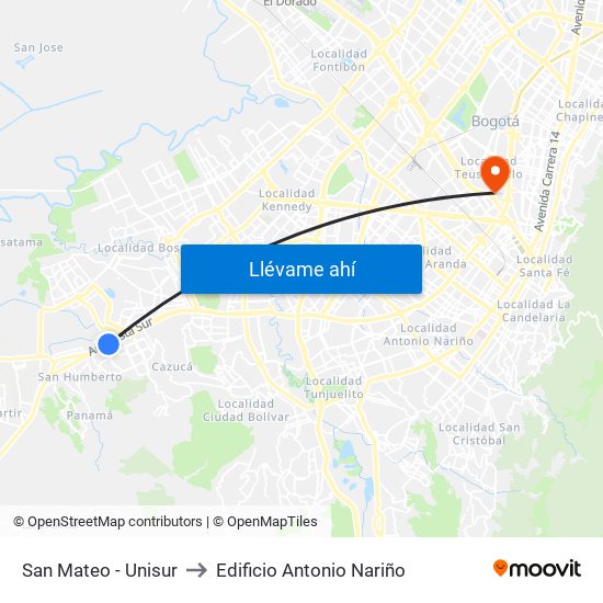 San Mateo - Unisur to Edificio Antonio Nariño map