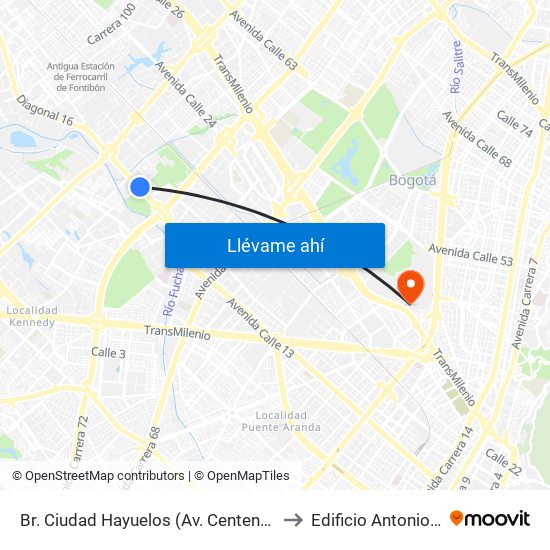 Br. Ciudad Hayuelos (Av. Centenario - Kr 78g) to Edificio Antonio Nariño map