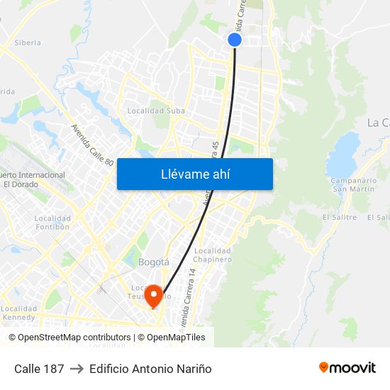 Calle 187 to Edificio Antonio Nariño map