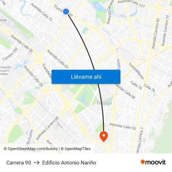 Carrera 90 to Edificio Antonio Nariño map