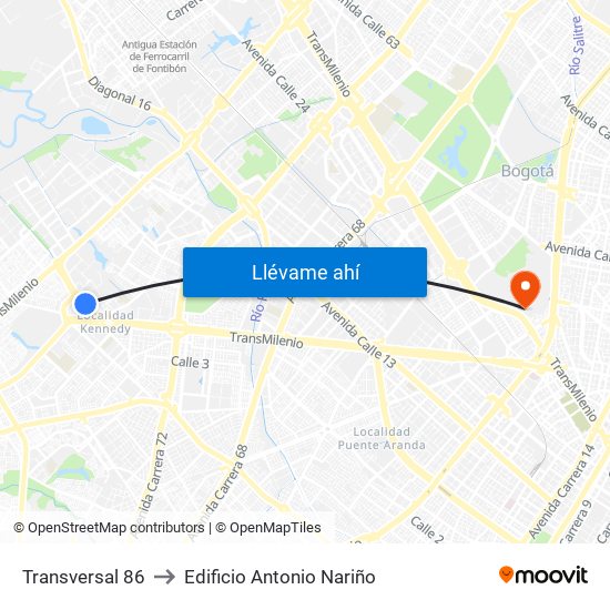 Transversal 86 to Edificio Antonio Nariño map