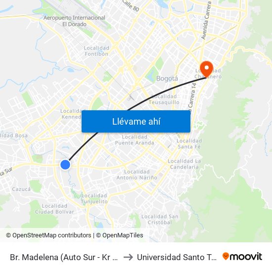 Br. Madelena (Auto Sur - Kr 64 Bis) to Universidad Santo Tomás map