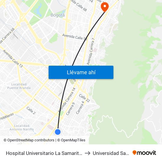 Hospital Universitario La Samaritana (Kr 8 - Cl 0 Sur) to Universidad Santo Tomás map