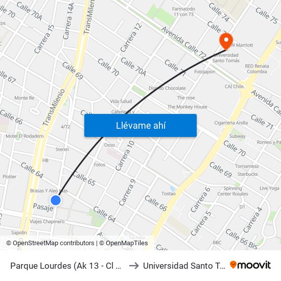 Parque Lourdes (Ak 13 - Cl 63a) (B) to Universidad Santo Tomás map