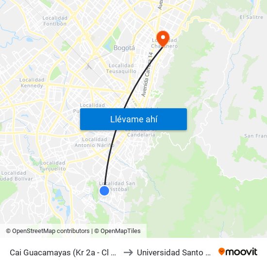 Cai Guacamayas (Kr 2a - Cl 37b Sur) to Universidad Santo Tomás map