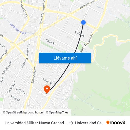 Universidad Militar Nueva Granada (Ac 100 - Kr 10) (B) to Universidad Santo Tomás map