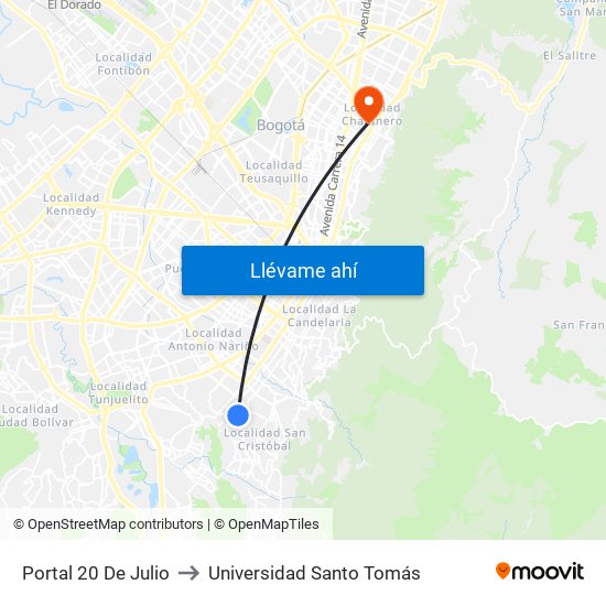 Portal 20 De Julio to Universidad Santo Tomás map