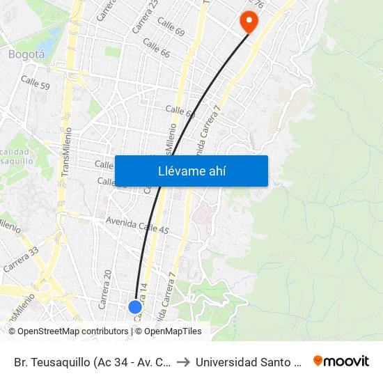 Br. Teusaquillo (Ac 34 - Av. Caracas) to Universidad Santo Tomás map