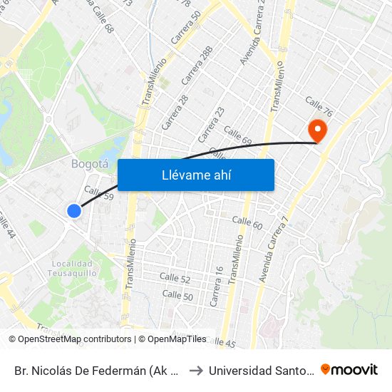 Br. Nicolás De Federmán (Ak 50 - Cl 57b) to Universidad Santo Tomás map