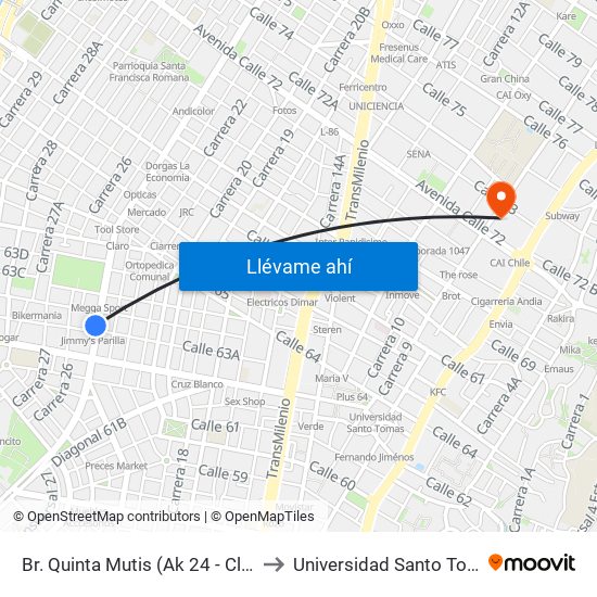 Br. Quinta Mutis (Ak 24 - Cl 63a) to Universidad Santo Tomás map