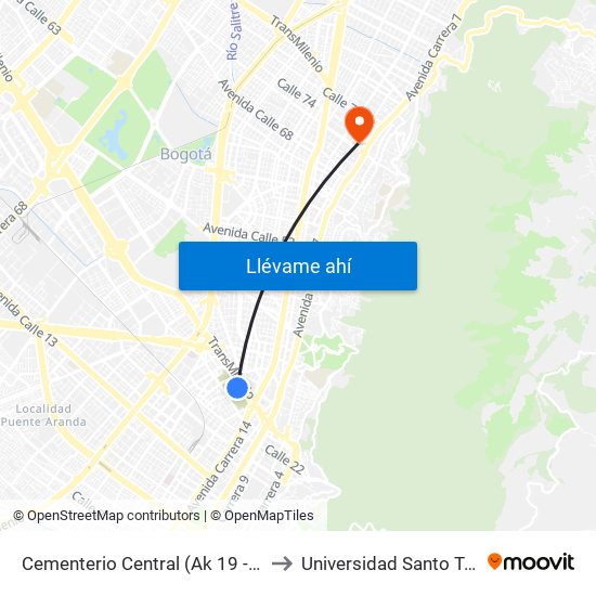 Cementerio Central (Ak 19 - Ac 26) to Universidad Santo Tomás map