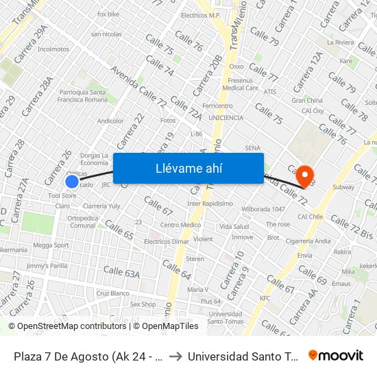 Plaza 7 De Agosto (Ak 24 - Cl 66) to Universidad Santo Tomás map