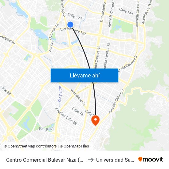 Centro Comercial Bulevar Niza (Av. Villas - Cl 127d) to Universidad Santo Tomás map