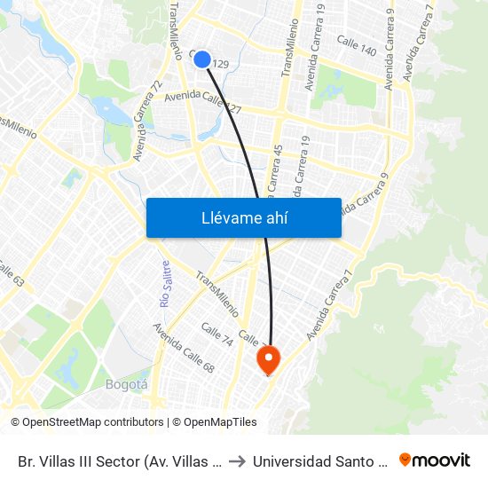 Br. Villas III Sector (Av. Villas - Cl 129) to Universidad Santo Tomás map