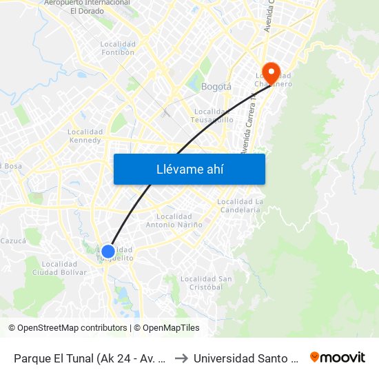 Parque El Tunal (Ak 24 - Av. Boyacá) to Universidad Santo Tomás map