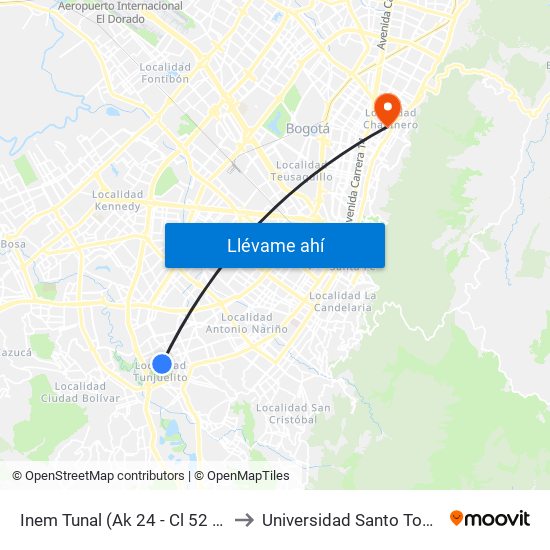 Inem Tunal (Ak 24 - Cl 52 Sur) to Universidad Santo Tomás map