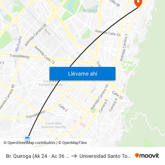 Br. Quiroga (Ak 24 - Ac 36 Sur) to Universidad Santo Tomás map