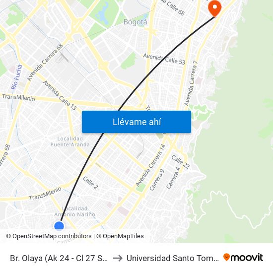 Br. Olaya (Ak 24 - Cl 27 Sur) to Universidad Santo Tomás map