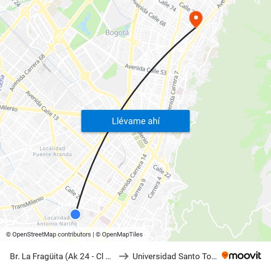 Br. La Fragüita (Ak 24 - Cl 7 Sur) to Universidad Santo Tomás map
