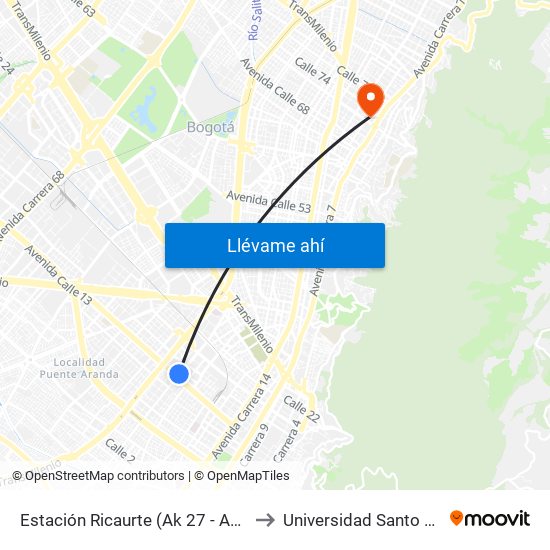 Estación Ricaurte (Ak 27 - Ac 13) (A) to Universidad Santo Tomás map