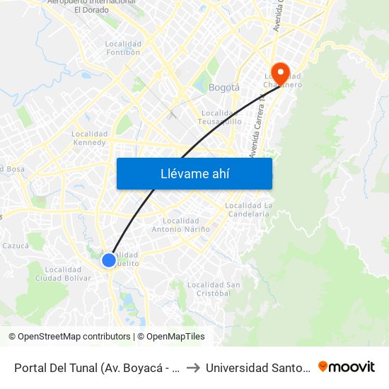 Portal Del Tunal (Av. Boyacá - Ak 24) (A) to Universidad Santo Tomás map