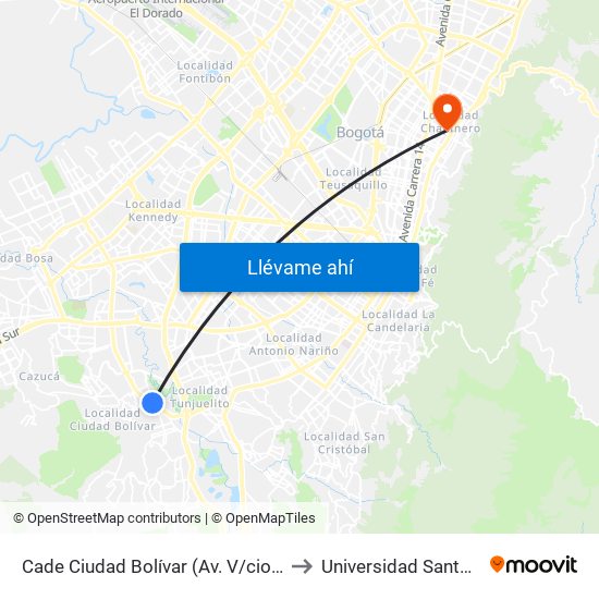 Cade Ciudad Bolívar (Av. V/cio - Tv 34) (B) to Universidad Santo Tomás map