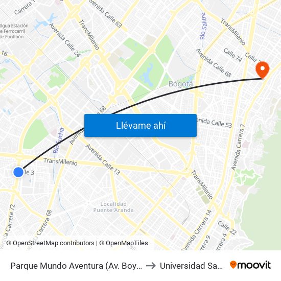 Parque Mundo Aventura (Av. Boyacá - Cl 2a Bis) (A) to Universidad Santo Tomás map