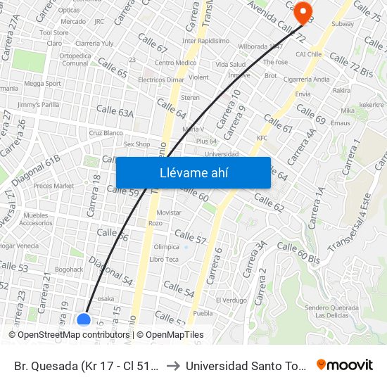 Br. Quesada (Kr 17 - Cl 51) (A) to Universidad Santo Tomás map