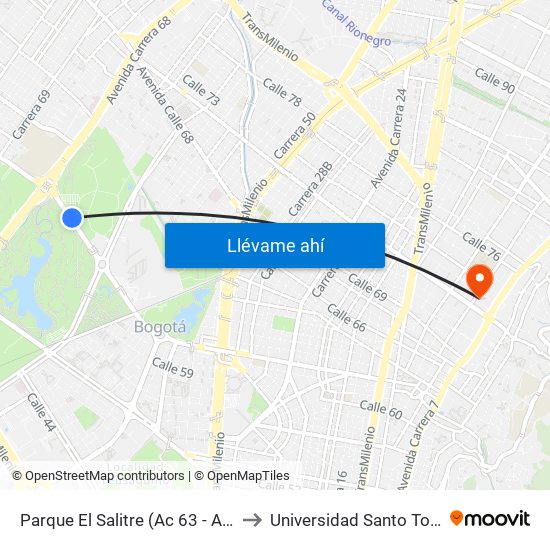 Parque El Salitre (Ac 63 - Ak 68) to Universidad Santo Tomás map