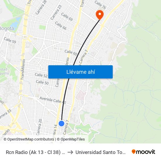 Rcn Radio (Ak 13 - Cl 38) (A) to Universidad Santo Tomás map