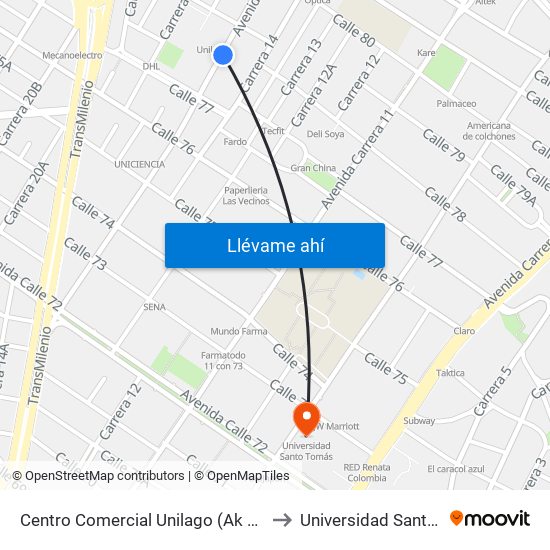 Centro Comercial Unilago (Ak 15 - Cl 79) (A) to Universidad Santo Tomás map