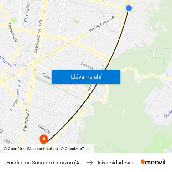 Fundación Sagrado Corazón (Ak 7 - Cl 116) (A) to Universidad Santo Tomás map