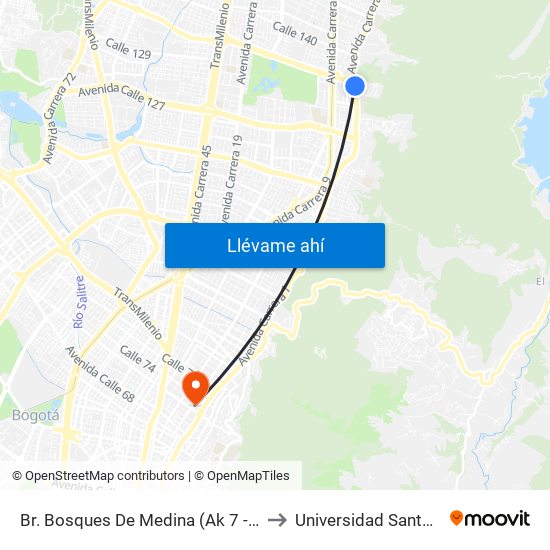 Br. Bosques De Medina (Ak 7 - Cl 132) (A) to Universidad Santo Tomás map