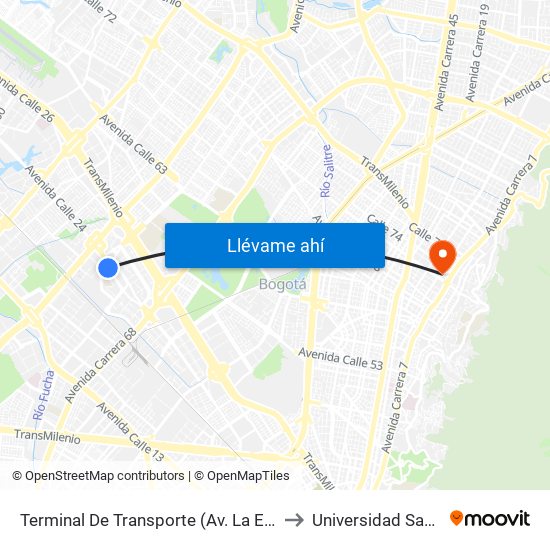 Terminal De Transporte (Av. La Esperanza - Kr 69d) to Universidad Santo Tomás map