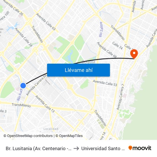 Br. Lusitania (Av. Centenario - Ak 68d) to Universidad Santo Tomás map