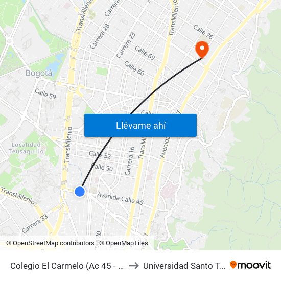 Colegio El Carmelo (Ac 45 - Kr 25a) to Universidad Santo Tomás map