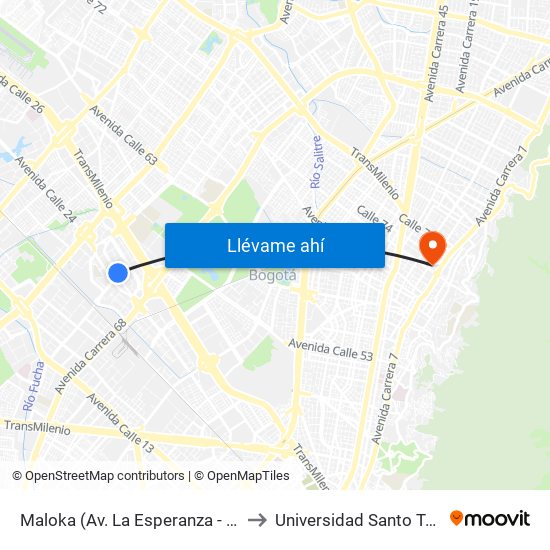 Maloka (Av. La Esperanza - Kr 69) to Universidad Santo Tomás map