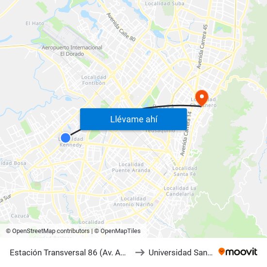 Estación Transversal 86 (Av. Américas - Kr 80c) to Universidad Santo Tomás map