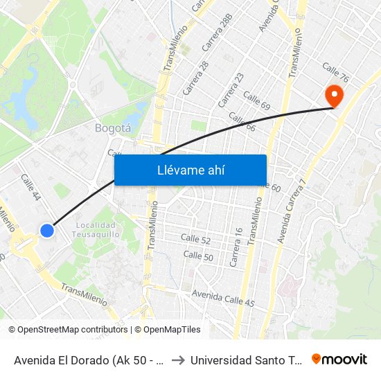 Avenida El Dorado (Ak 50 - Ac 26) to Universidad Santo Tomás map