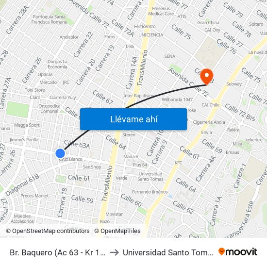 Br. Baquero (Ac 63 - Kr 19) to Universidad Santo Tomás map