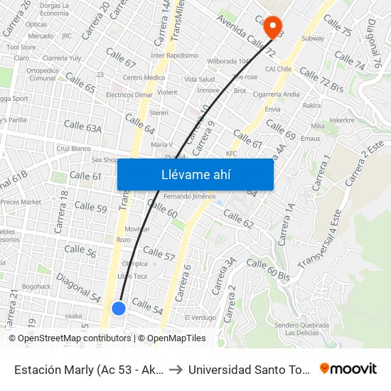 Estación Marly (Ac 53 - Ak 13) to Universidad Santo Tomás map