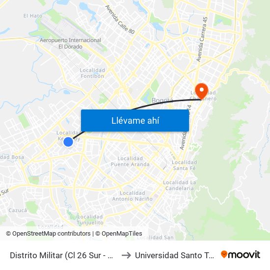 Distrito Militar (Cl 26 Sur - Kr 78h) to Universidad Santo Tomás map