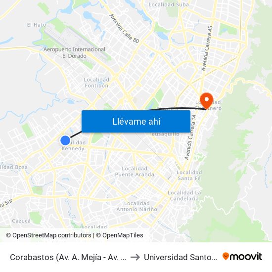 Corabastos (Av. A. Mejía - Av. Américas) to Universidad Santo Tomás map